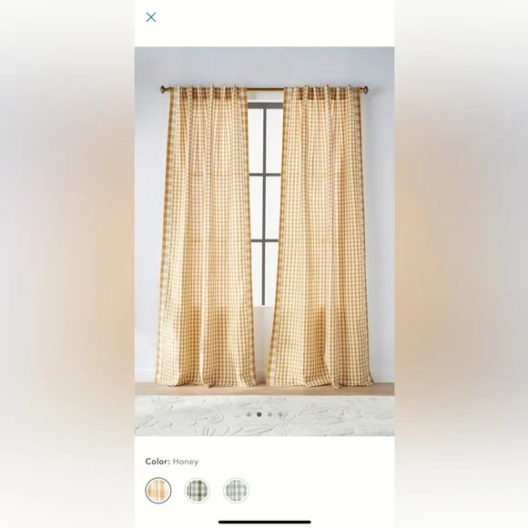 Gingham Checkered Curtain in Honey Set of Two - Picture 2 of 5